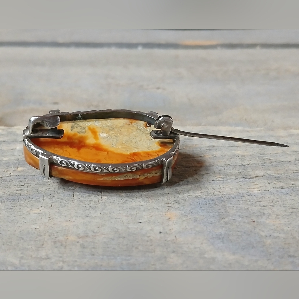Antique .999 Silver Natural Butterscotch Egg Yolk Baltic Amber Brooch Pin Marked - Picture 11 of 16